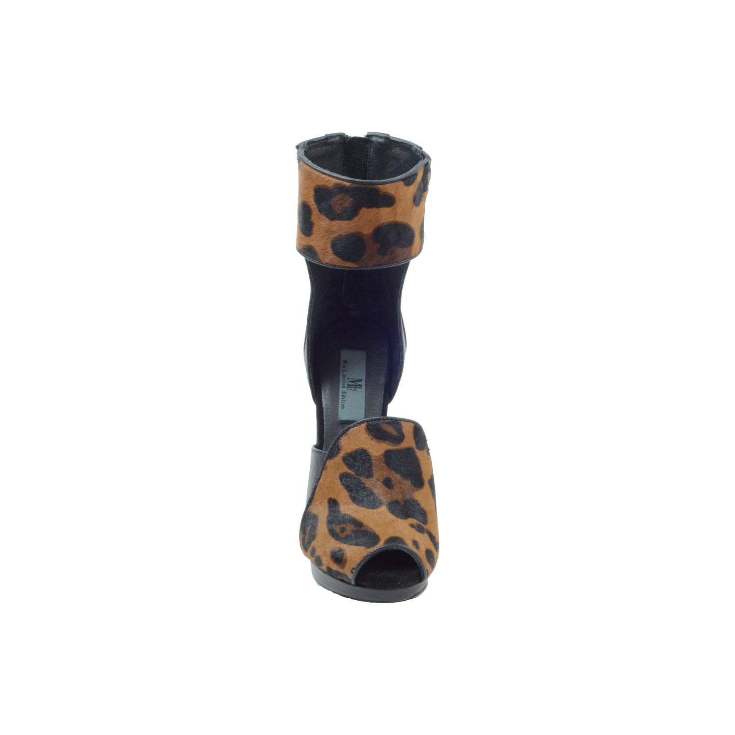 Front view of Black high heel with cheetah print strap across the ankle and cheetah print on the toe.