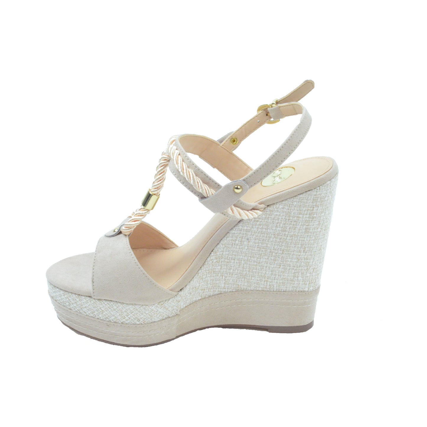 Nude, open toe wedge with white rope detail and gold accents (side view).