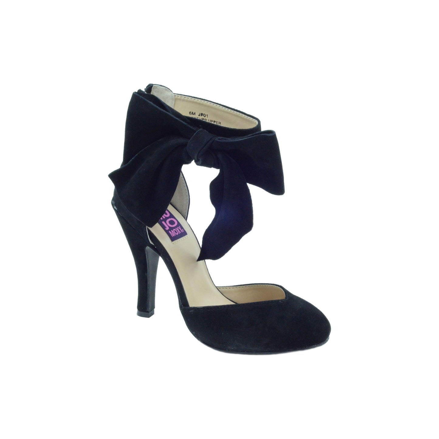 Side view of black high heel in felt material. Black strap around the ankle with bow on the side