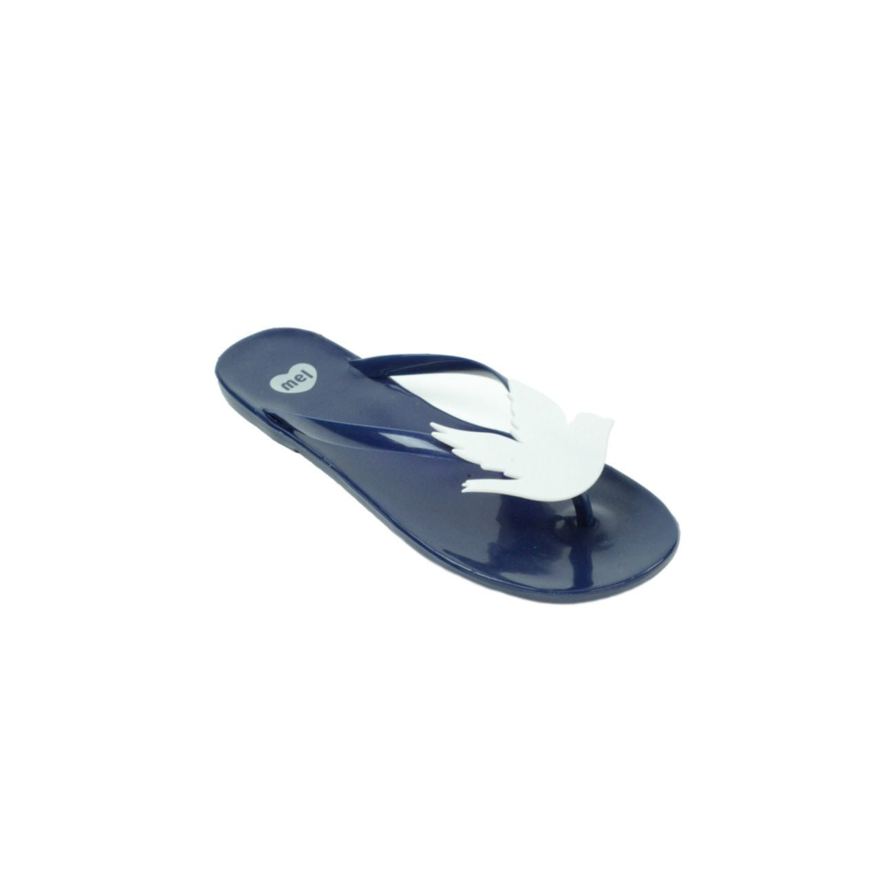Side view of navy colored flip flop with white dove on the strap near the toes
