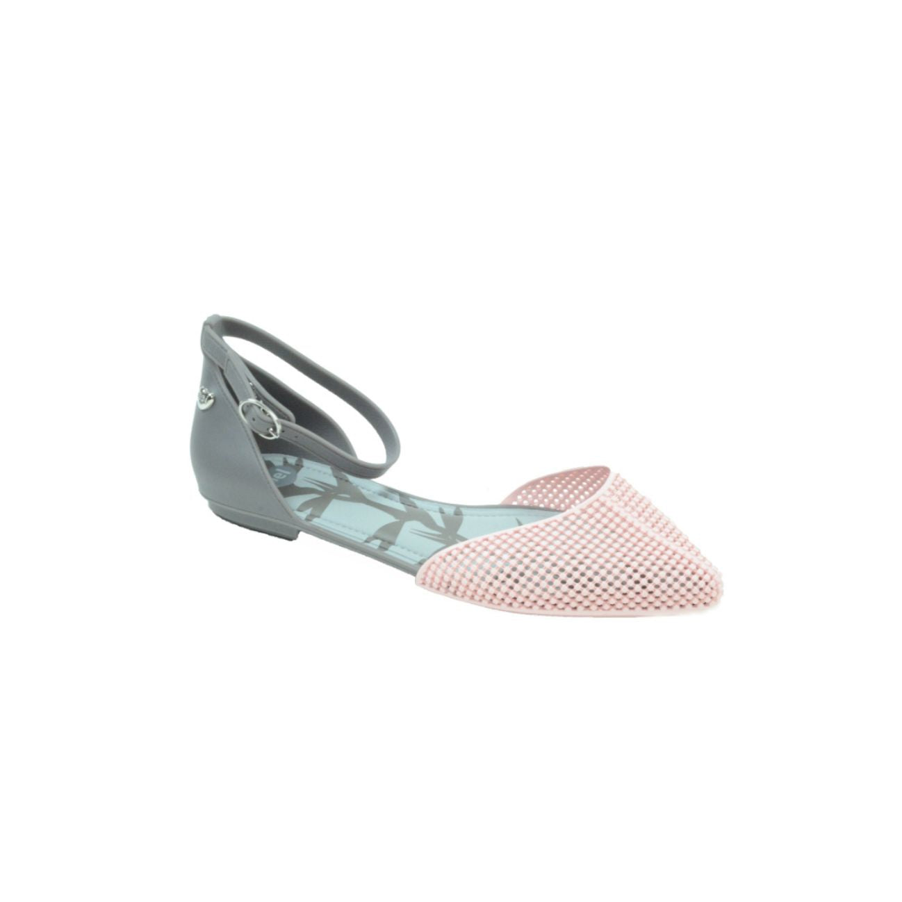Side view of dusty blue sandal with strap around front of ankle. Silver buckle on strap and silver heart of back of ankle. Light blue lining with dusty blue plant down the middle. Baby pink mesh to cover toes.