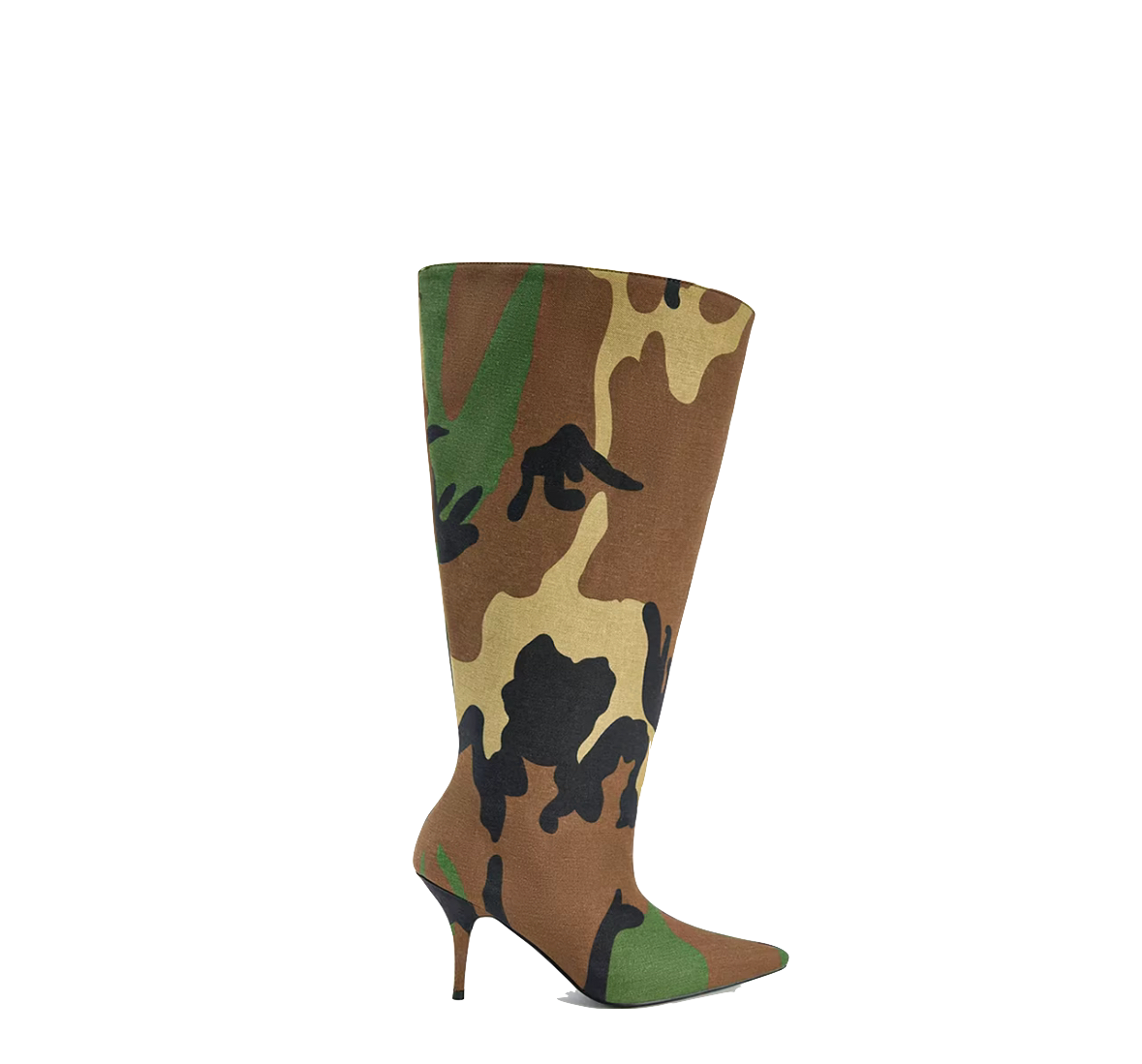 Slip on stiletto boot with a bold camo print.