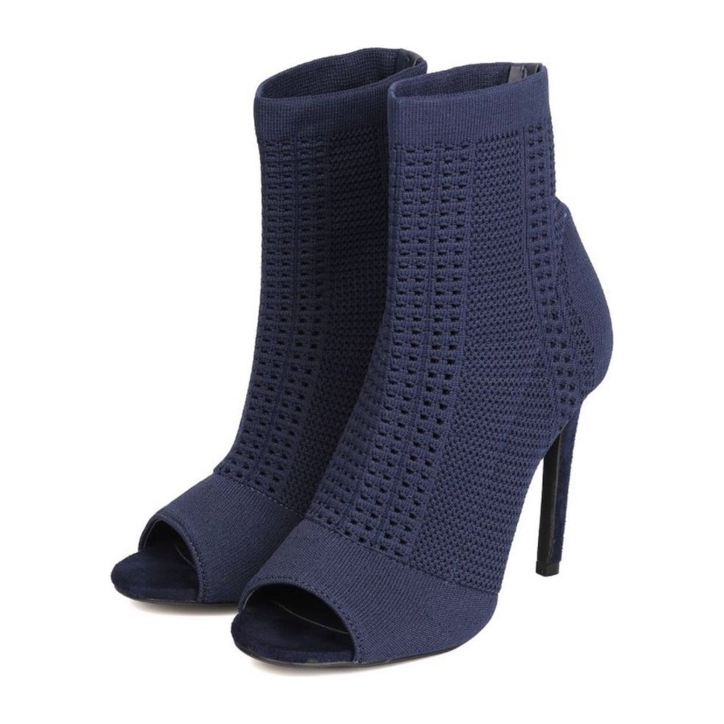 Navy blue open toe knit bootie.