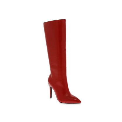 Vegan leather, pointed toe stiletto boot in the color red. 