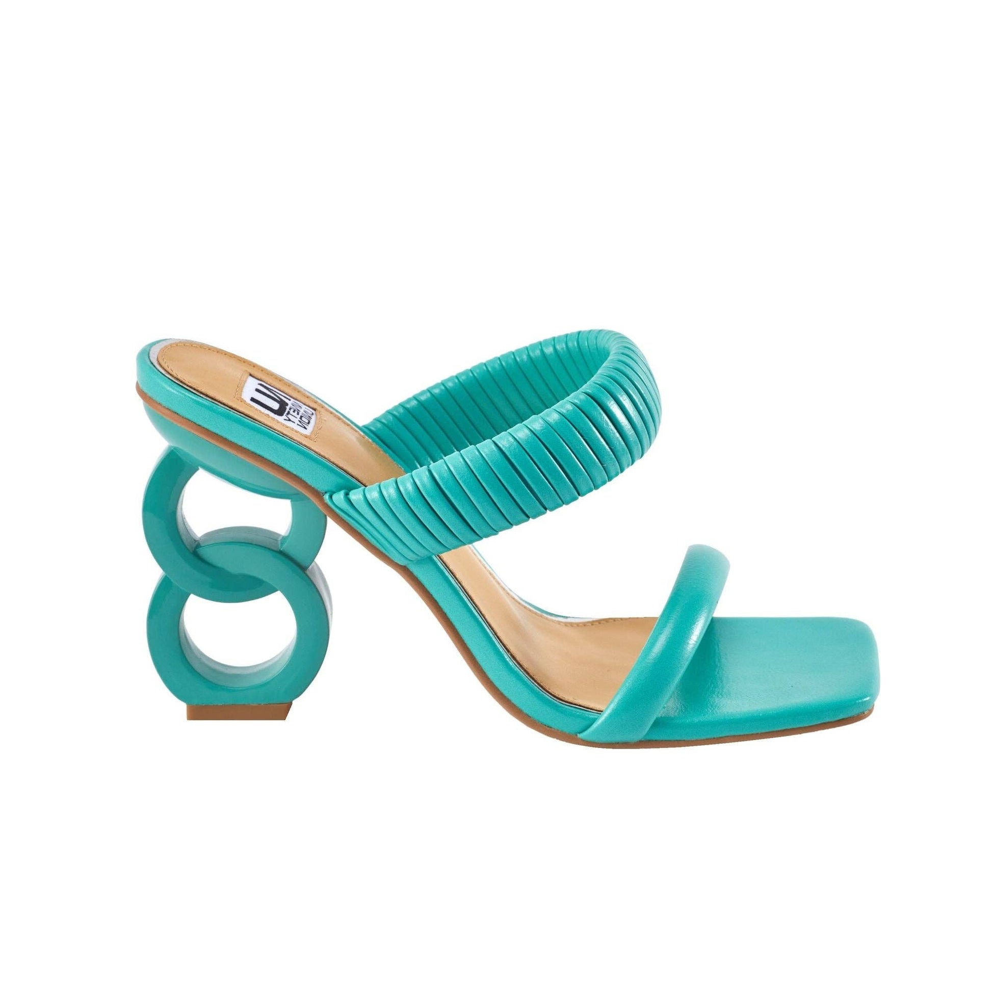 Turquoise square toe heel with an interlocking chain link as the heel (3.5 inch heel).